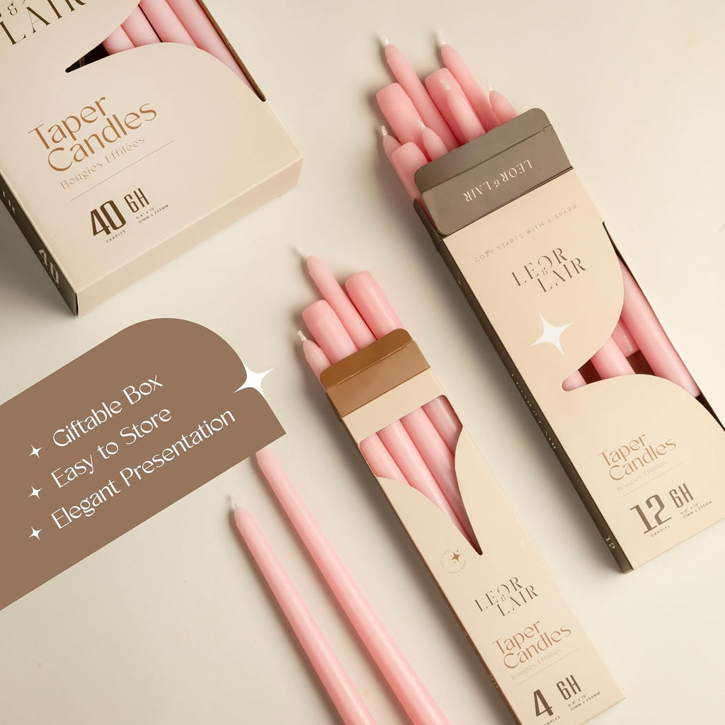 Leor & Lair Light Pink Taper Candles, 12 Pack, 10 Inch, Unscented