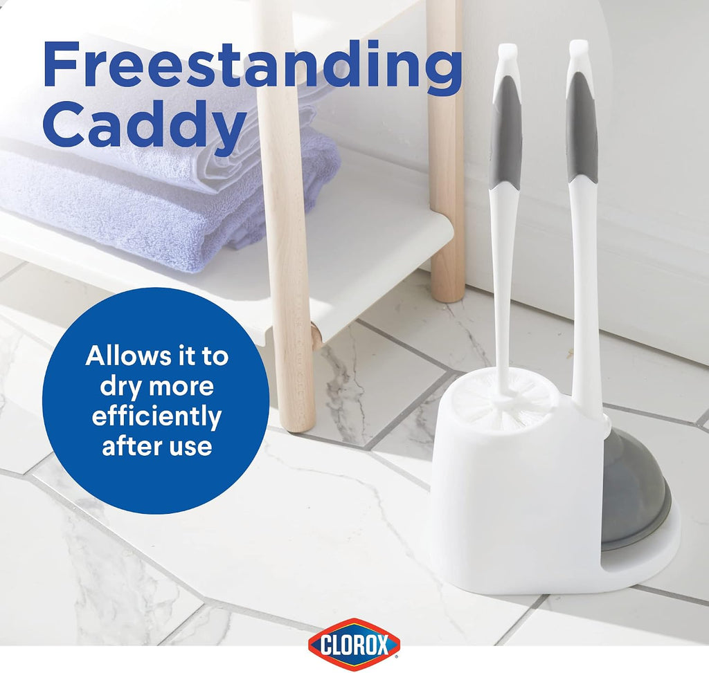 Clorox Toilet Plunger and Bowl Brush Combo Set with Caddy, 6.75" x 7" x 19.5", White/Gray, Pack of 2 - Plunger and Toilet Bowl Brush, Heavy Duty Plunger, Toilet Cleaning Brush, Freestanding Caddy