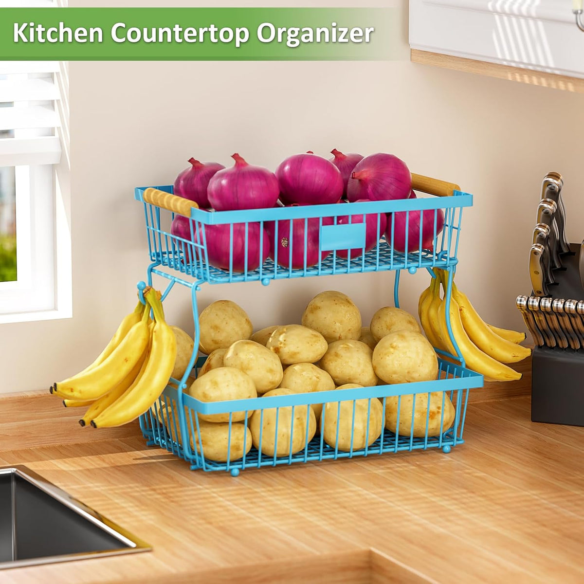 2 Tier Fruit Basket for Kitchen Counter with 2 Banana Hangers, Countertop Metal Bread Basket with Wooden Handle, Large Storage Stand for Vegetables, Snacks, Eggs, Produce Storage – Blue