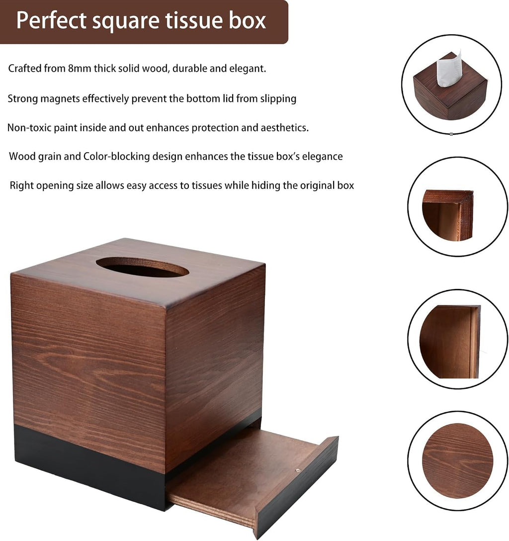 Square Tissue Box Cover, Wooden Tissue Box Holder with Slide-Out Magnetic Bottom, Pine Wood Tissue Box Cube for Bathroom, Bedroom, Nightstand & Table, 5.5 x 5.5 x 6.1 Inches