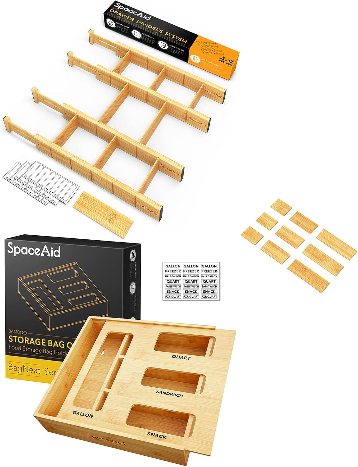 SpaceAid Bamboo Drawer Dividers with Inserts and Labels, 4 Dividers with 9 Inserts (17-22 in), Bag Storage Organizer (1 Box 4 Slots)