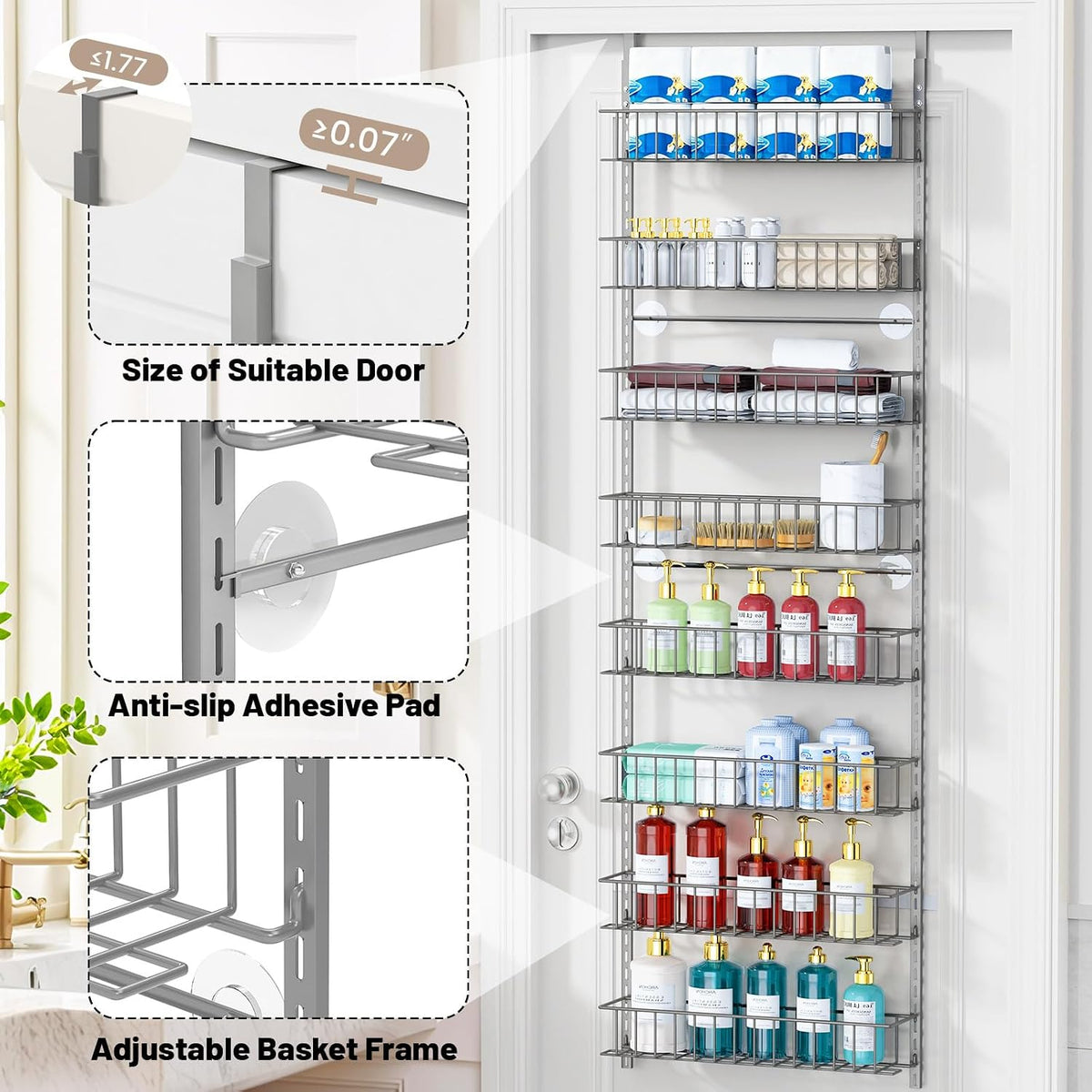 ElegantArray 8-Tier Pantry Door Organizer Hanging Storage Basket Light Gray