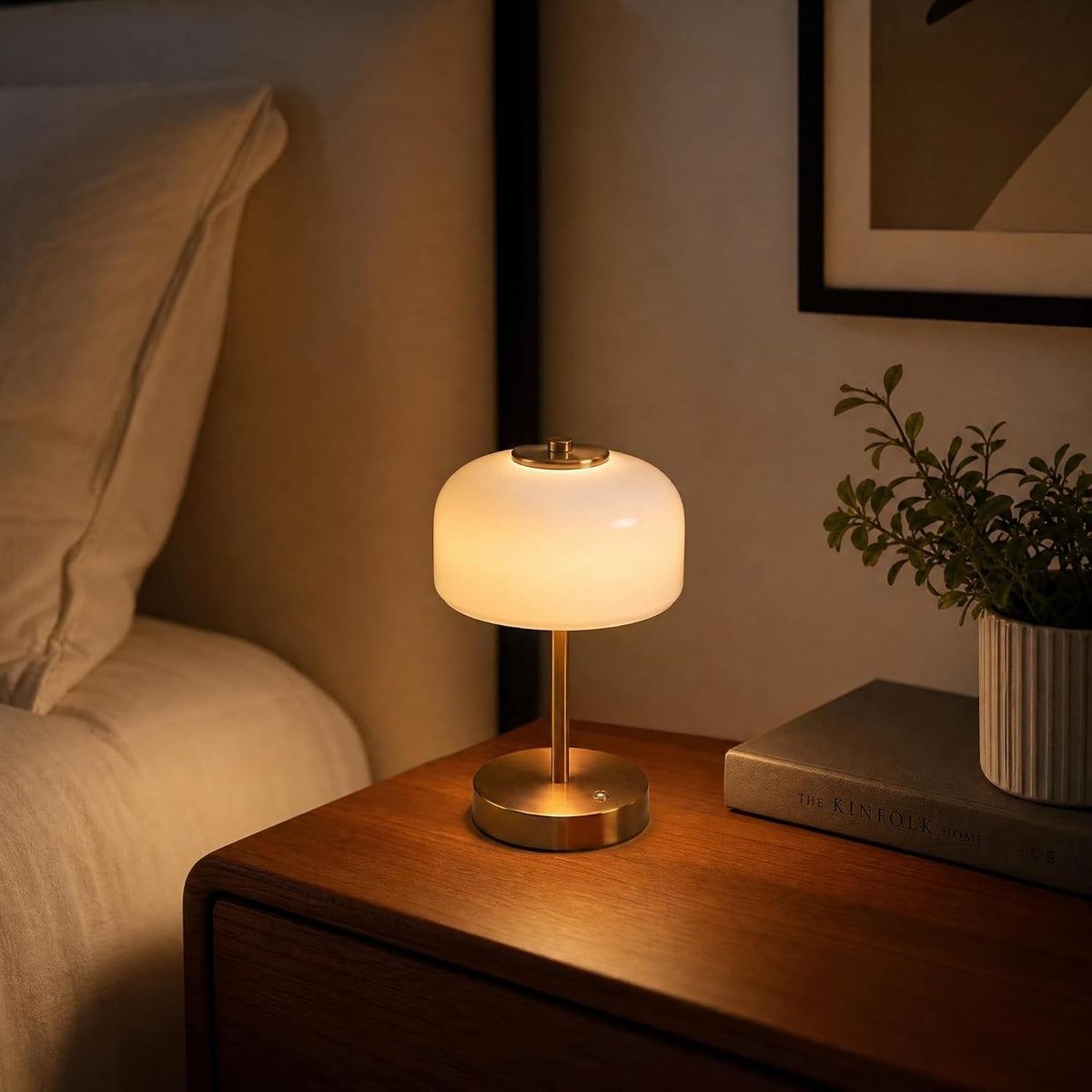 Cordless LED Table Lamp, Rechargeable Battery Operated Mushroom Desk Lamp, 3-Level Touch Dimming, Portable Metal & Glass Nightlight for Bedroom, Living Room, Restaurant, Gold