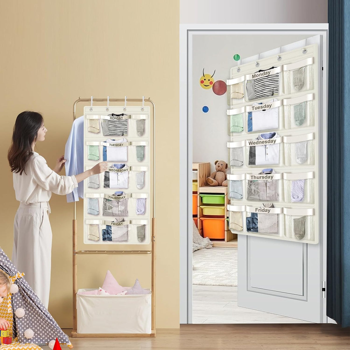 Weekly Hanging Closet Organizer for Kids,Day of Week Kids Clothes Organizer,School Clothing Storage Monday to Friday Hanging Closet Organizer Shelves for Bedroom,Bathroom,Dorm (Beige)