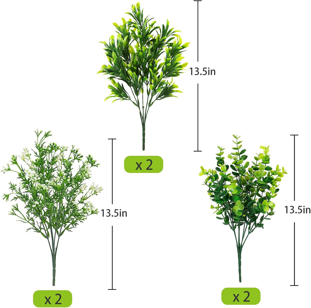 Ouddy Decor 6 Pcs Mixed Artificial Greenery, Fake Plastic Plants Outdoor