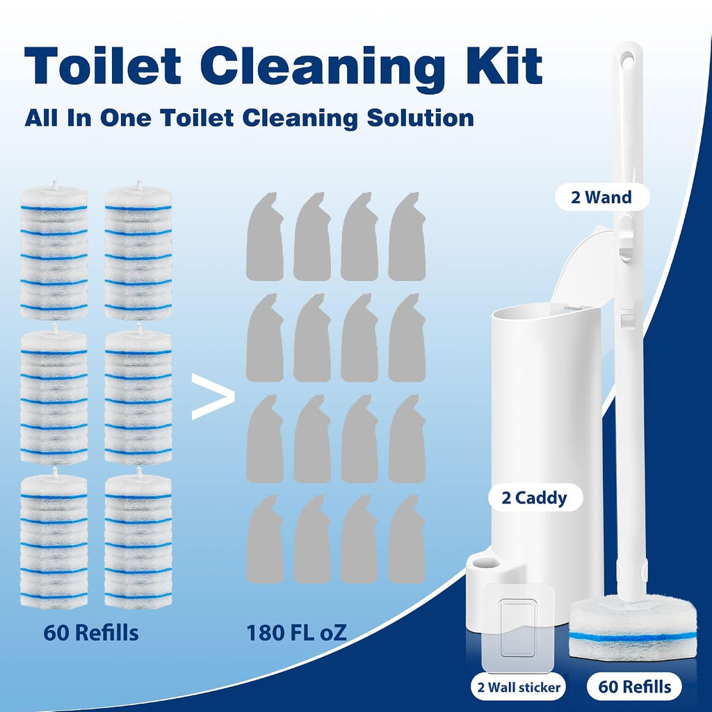 2 Pack Disposable Toilet Brush with 60 Refills, 2026 Upgrade Wall Mounted Toilet Bowl Cleaner Wand Kit and Holder, Bathroom Cleaning Supplies, Toilet Scrubber Disposable Heads