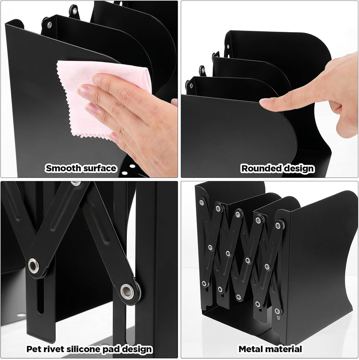 2PCS Adjustable Bookends, Metal Book Ends for Heavy Book, 2 Dividers, Nonslip Extendable Books Stander for Desk, Shelf, Office, Binder Holder, Stationery Gift, Extends up to 19 inch (Black)