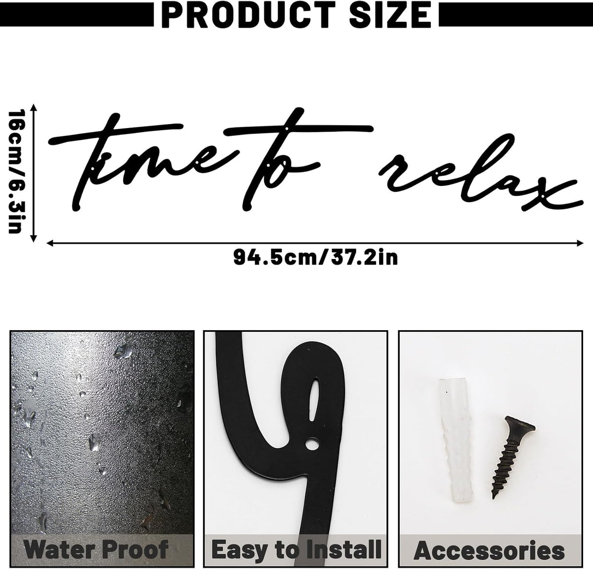 KINMAD Time to Relax Metal Wall Decor - Modern Black Bathroom Wall Art for Spa and Home