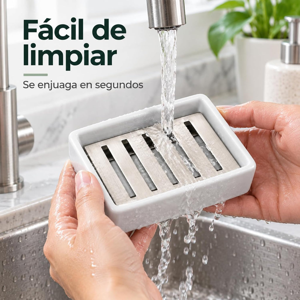 TOPSKY Ceramic Soap Dish Holder Stainless Steel for Bathroom, Double Layer, Self-draining Soap Tray, Say No to Mushy Soap, Easy Cleaning. (White)