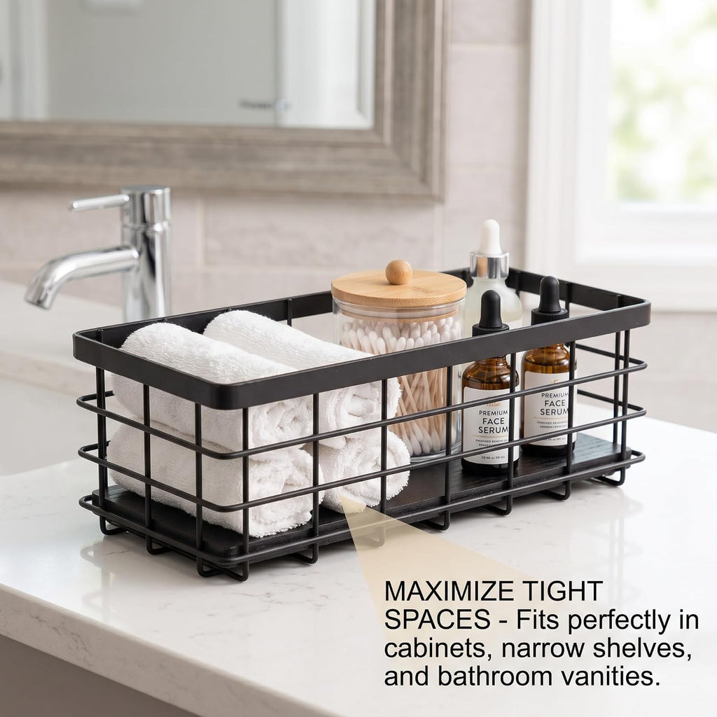 Small Metal Wire Storage Basket with Wood Base (Black+Black, 4 Pack)