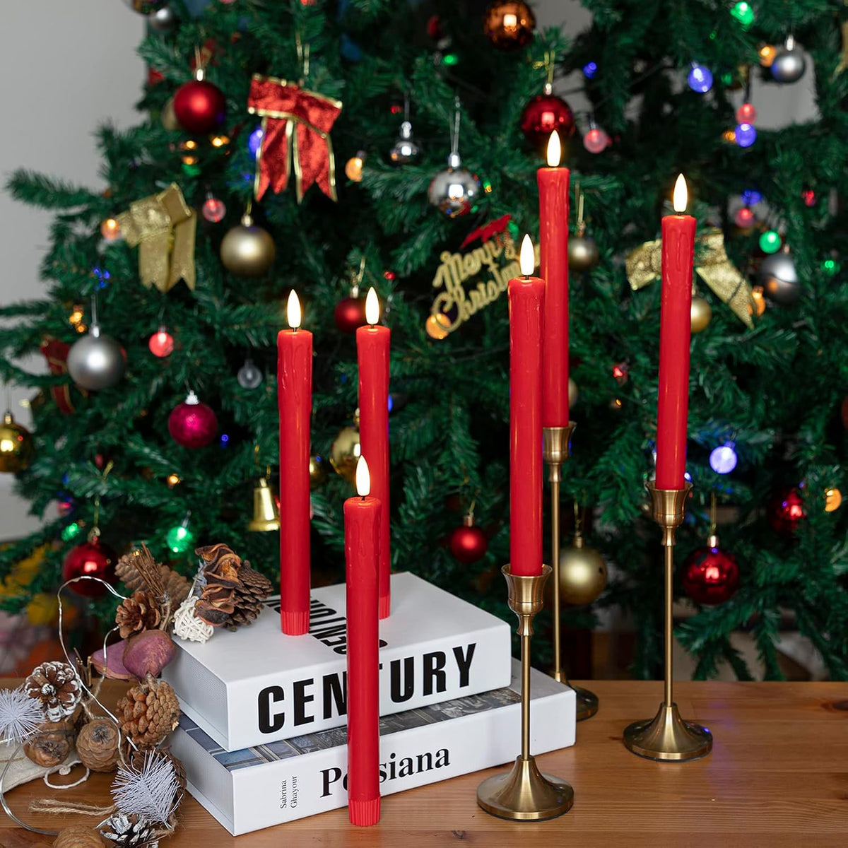 JOIONE Red Flameless Taper Candles with Remote, 6 Pack Dripping Wax