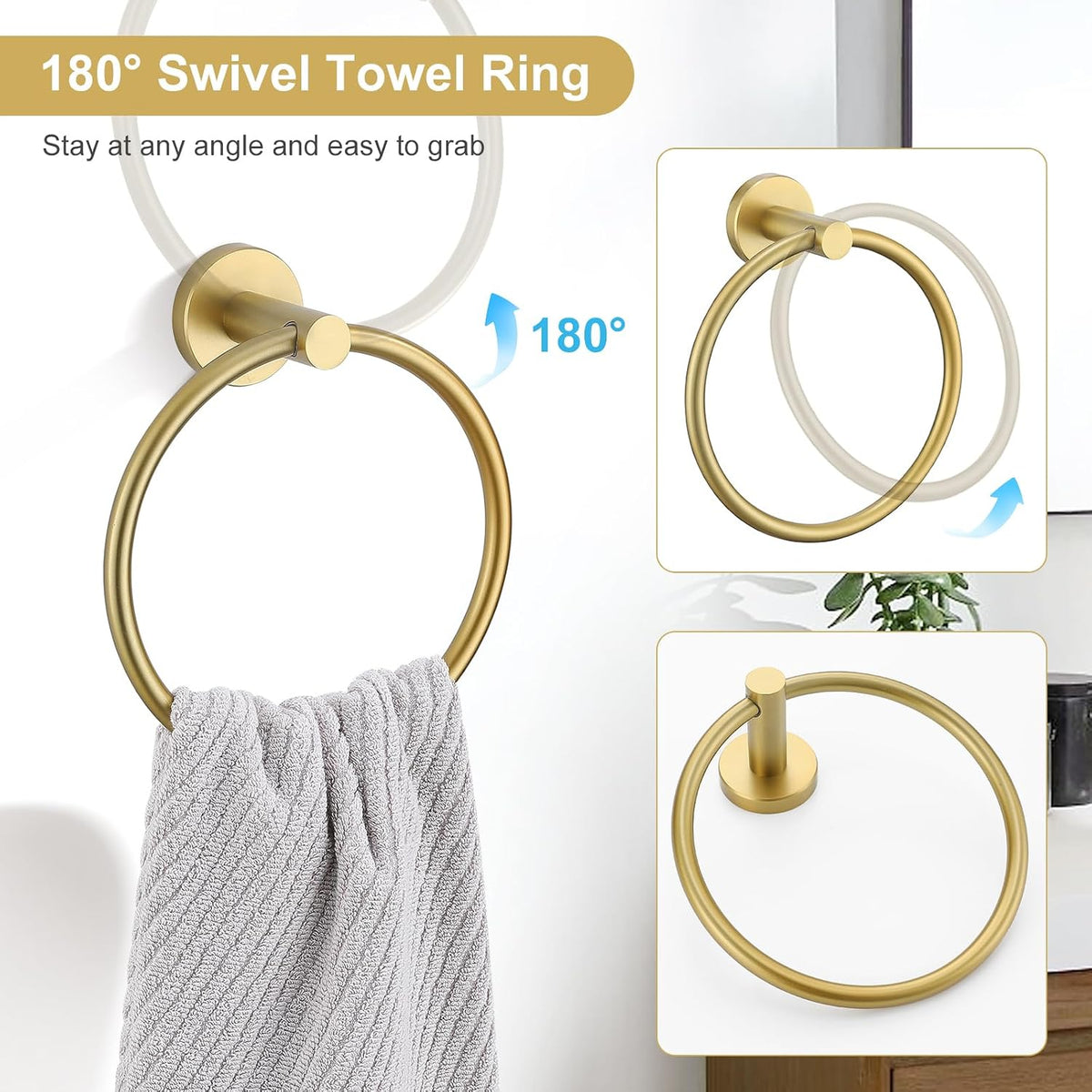 TQKAG 8-Pieces Bathroom Hardware Set, Brushed Gold Towel Bar Set 23.6 Inch