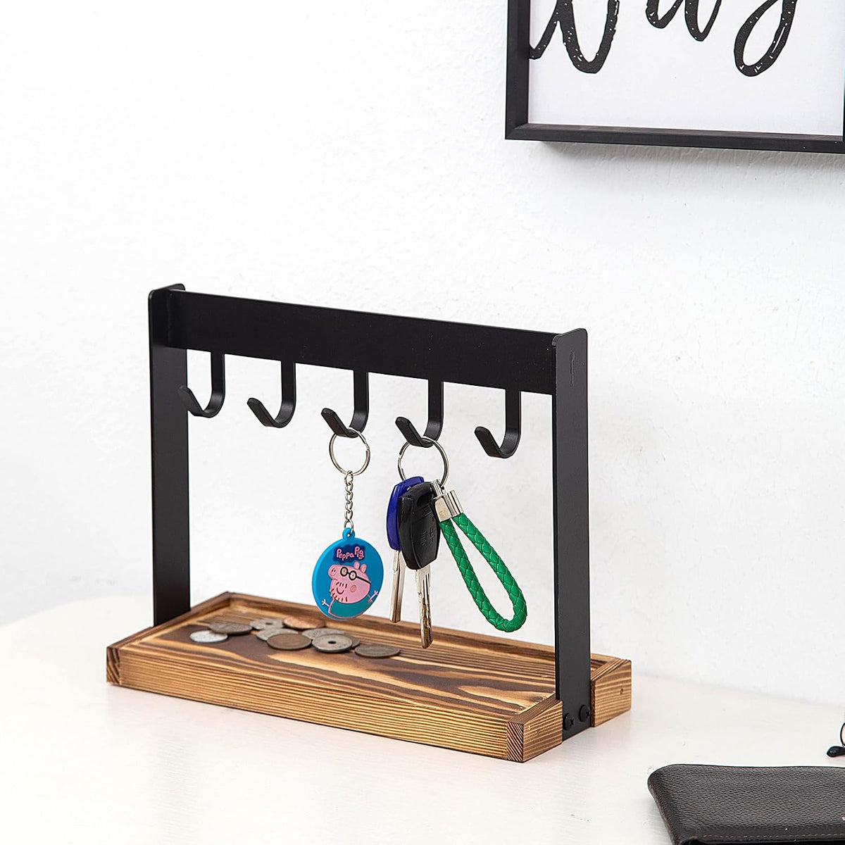 Metal 5-Hook Table Key Holder Torched Wood Base Rustic Industrial Tabletop Countertop Organizer Matte Rack Hanging Hooks Burnt Wooden Bottom Slot Rings Coins Accessories Jewelry Daily Supplies