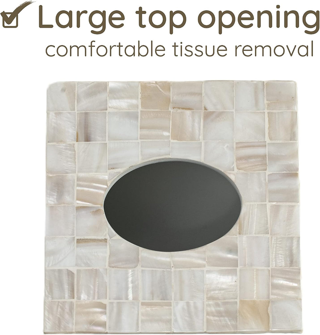 Tissue Box Cover - Mosaic Mother of Pearl Inlay Tissue Box Holder - Tissue Box Cover Square 5.9 x 5.9 x 5.9 in - Decorative Bathroom, Bedroom or Office (White)