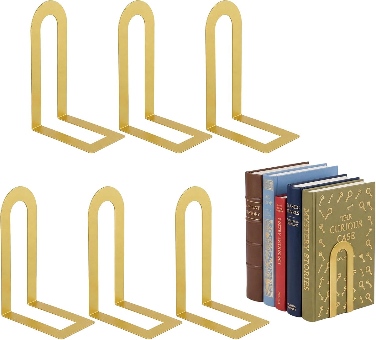 Sanwarm Bookends, 6 Pack, Metal, for Home Office Desk Shelves Gold Modern