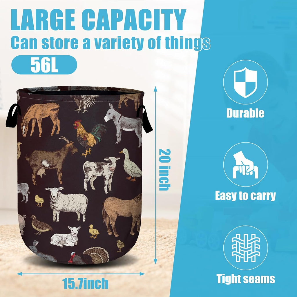Cute Farm Animals Laundry Basket, Laundry Hamper Collapsible Oxford Cloth with Handle Clothes Storage Bin for Bathroom Laundry Room Bedroom 15.7 X 20 Inch