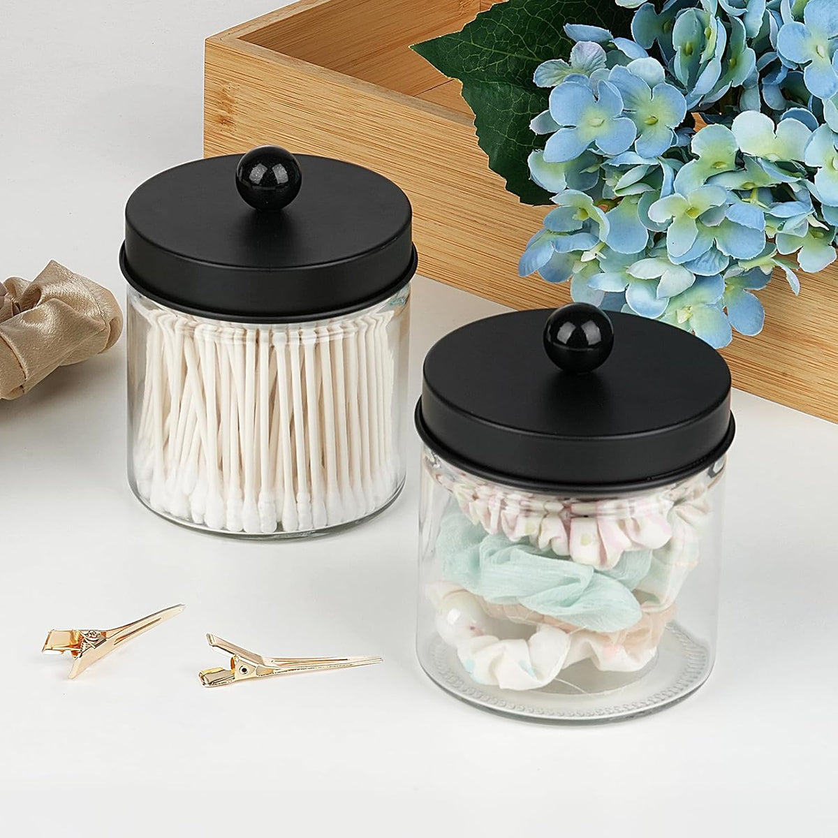 SheeChung Glass Mason Jar Qtip Holder, Black Stainless Steel Lids, 1 Pack