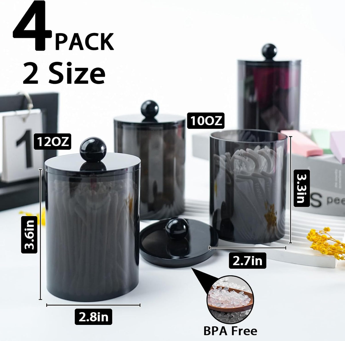 4 Pcs Acrylic Qtip Holder, Cotton Ball Holder Jars with Lids, Black