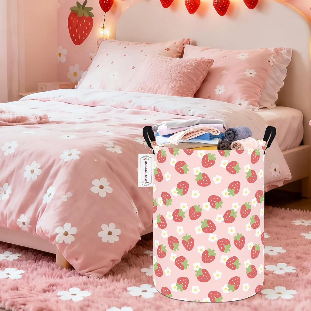 Foldable Waterproof Round Fabric Laundry Basket Home, Pink Strawberry