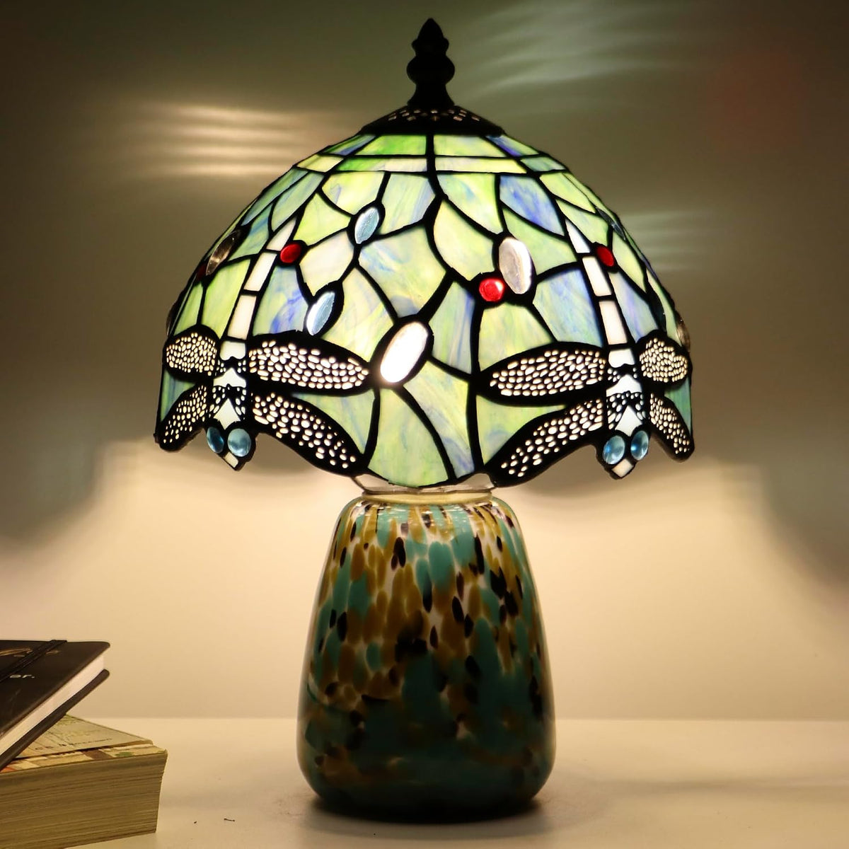Tiffany Mushroom Table Lamp Dragonfly Style Sea Blue Stained Glass Accent Lamp Brown Blue Glass Base 8X8X12 Inch