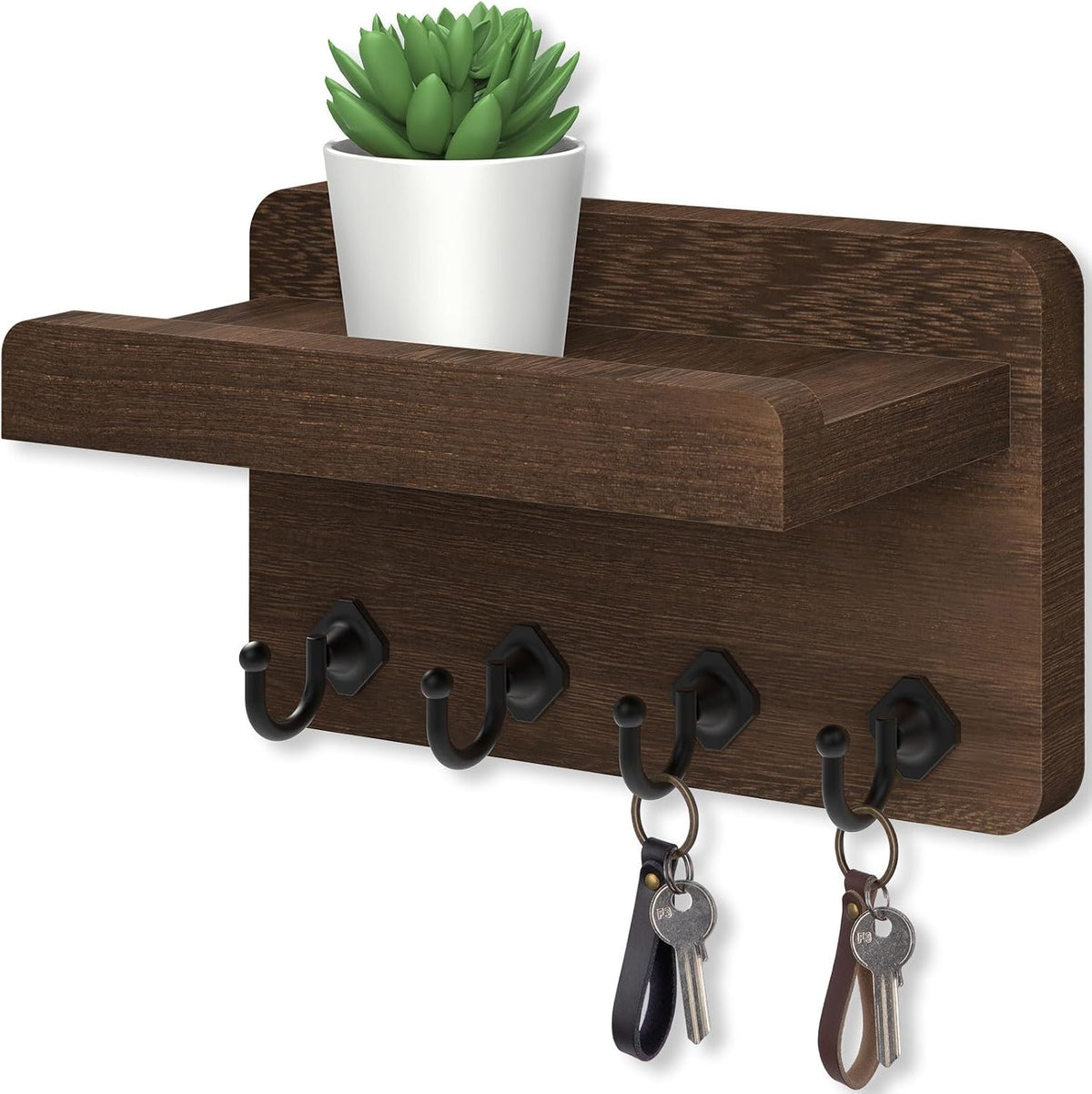 Nekon Key Holder Wall Mount, 8.5 Inch Small Wooden Wall Organizer, Brown