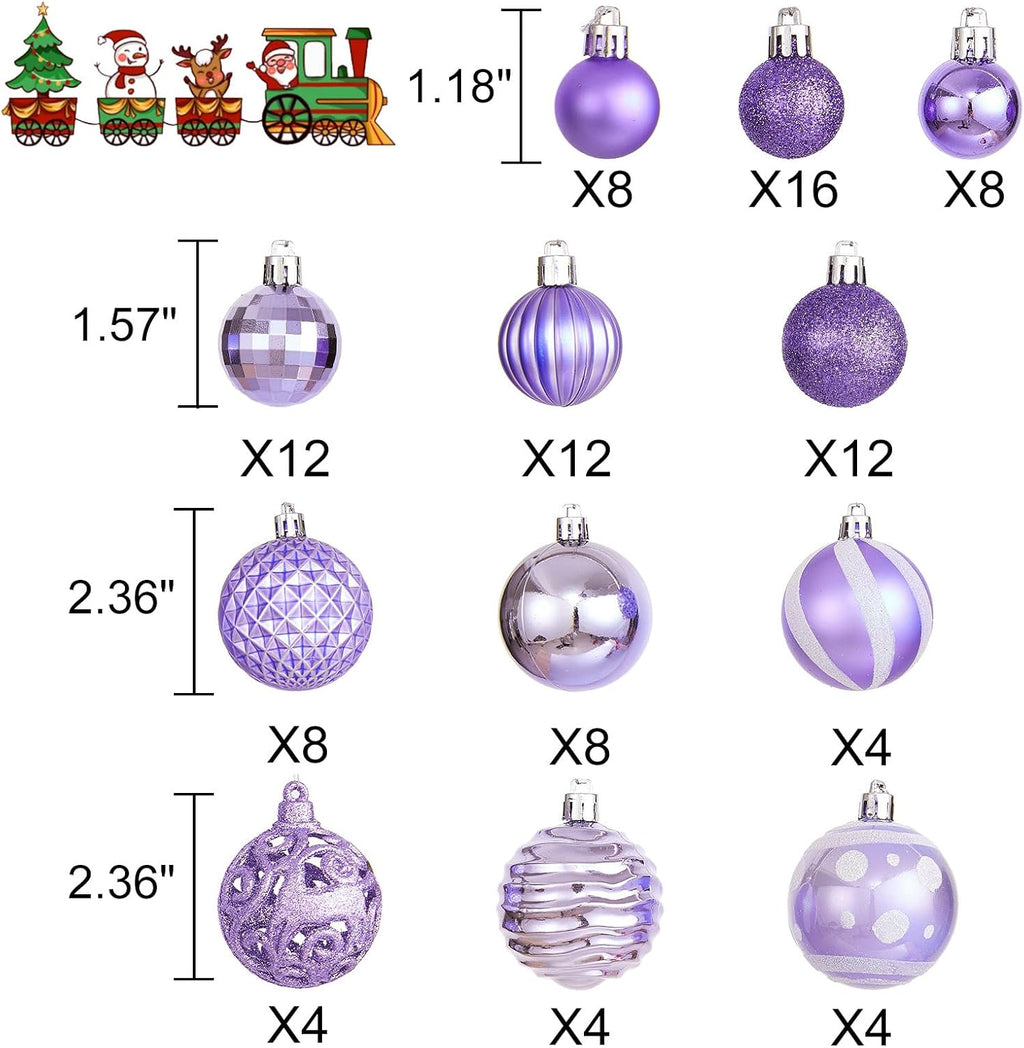 100PCS Christmas Ball Ornaments, Assorted Shatterproof Christmas Tree Decorations, Seasonal Decorative Hanging Baubles Decor Set for Xmas/Holiday/Party, Glitter&Painting Ornament Set (Lavender Purple)