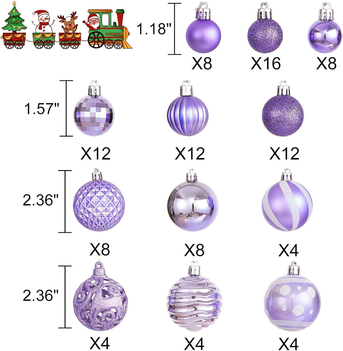 100PCS Christmas Ball Ornaments, Assorted Shatterproof Christmas Tree Decorations, Seasonal Decorative Hanging Baubles Decor Set for Xmas/Holiday/Party, Glitter&Painting Ornament Set (Lavender Purple)