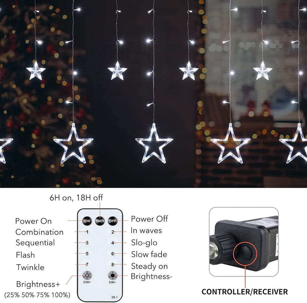 Star Curtain Lights for Bedroom - Plug-in 9ft 138 LED Fairy Twinkle Lights with 12 Star Drops, Connectable Window Lights with Remote 8 Lighting Modes for Indoor Xmas Ramadan Decoration, White