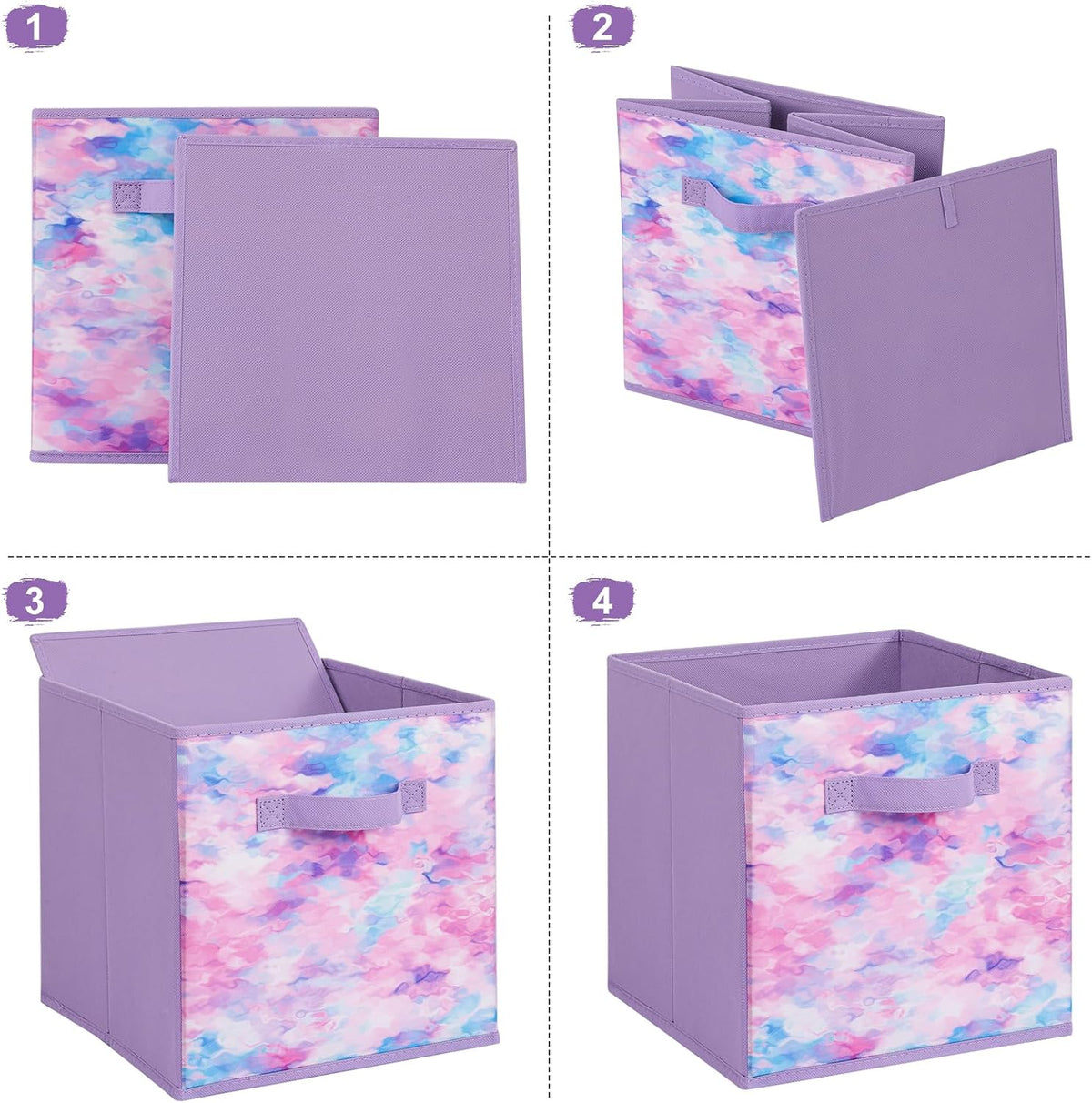 Stero Fabric Storage Cubes, 6 Pack Foldable Storage Bins with Handle, 11 Inch Box for Shelves, Closet, Organizer, Tie-dye Purple