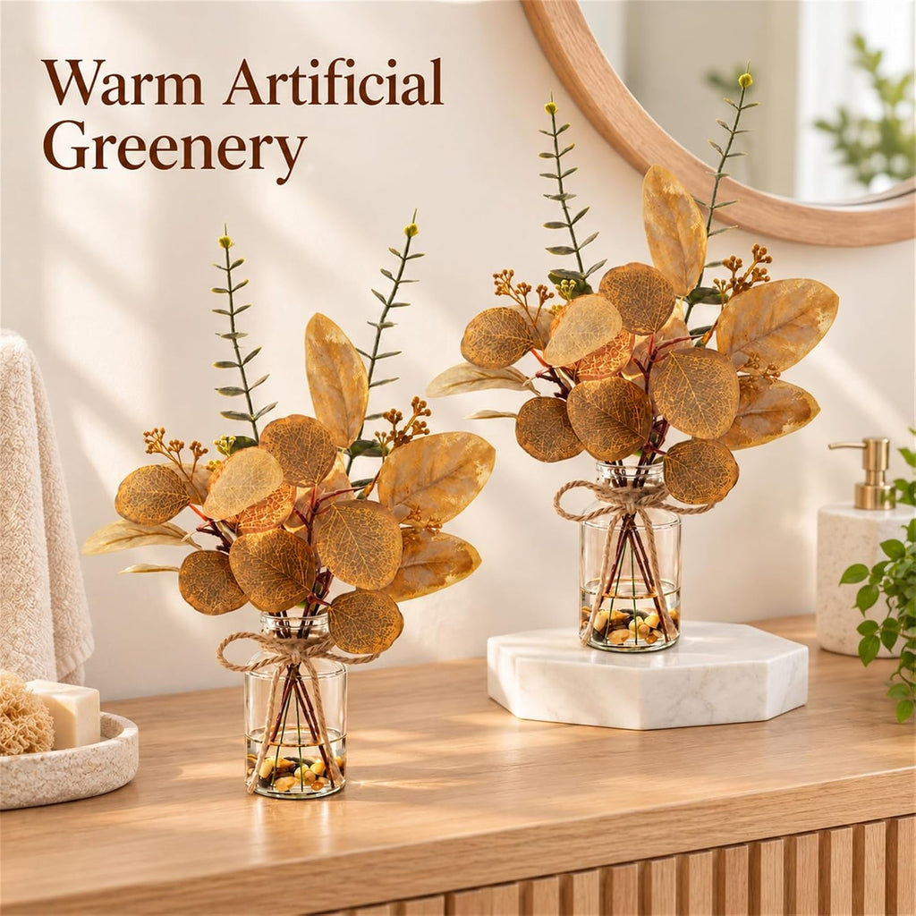 2 Packs 14" Fall Artificial Eucalyptus Stems in Glass Vase with Faux Water