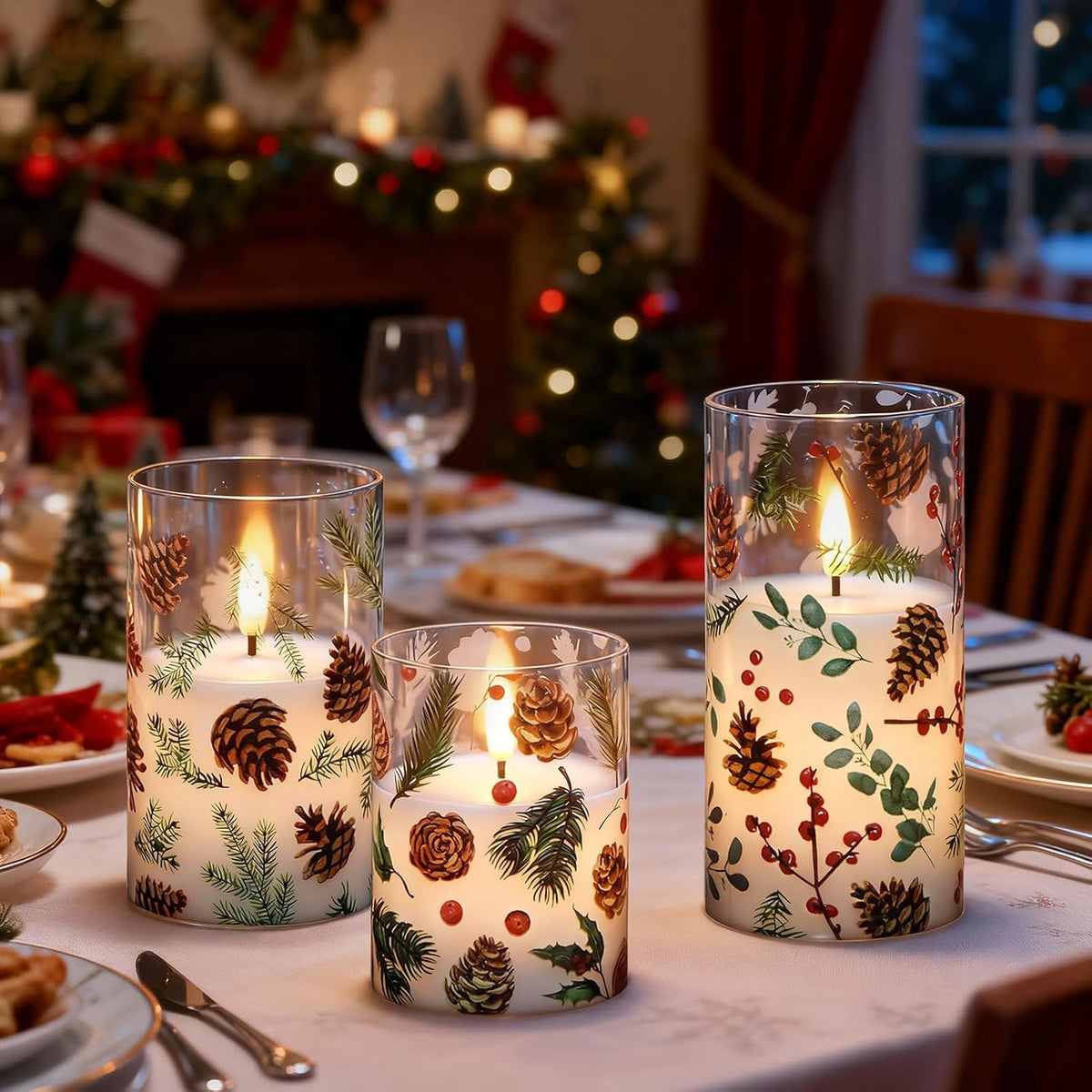 Christmas Pinecone LED Glass Flameless Candles Battery Operated Remote