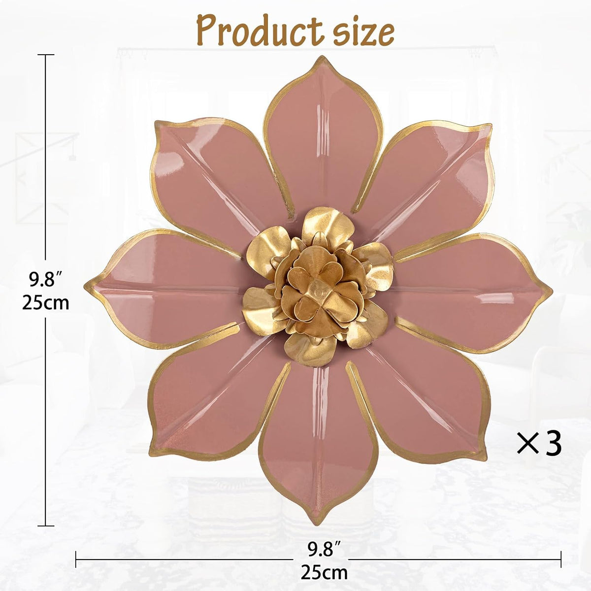 Villa Como Set of 3 Pink and Gold Metal Flowers Wall Art Decor 10"