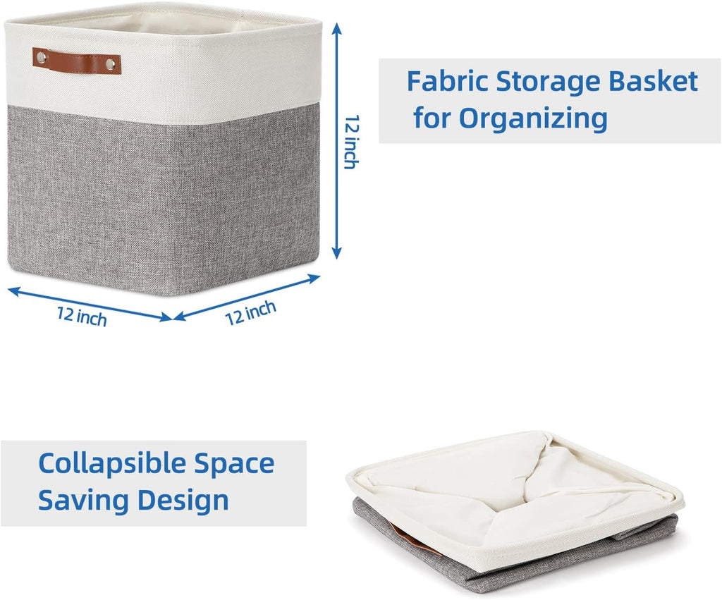 Temary 12 Inch Storage Baskets Foldable Fabric Storage Cubes 4PCs Storage Bins Organizer with Handles, Baskets for Organizing Clothes, Towels (White & Grey, 12 x 12 x 12)