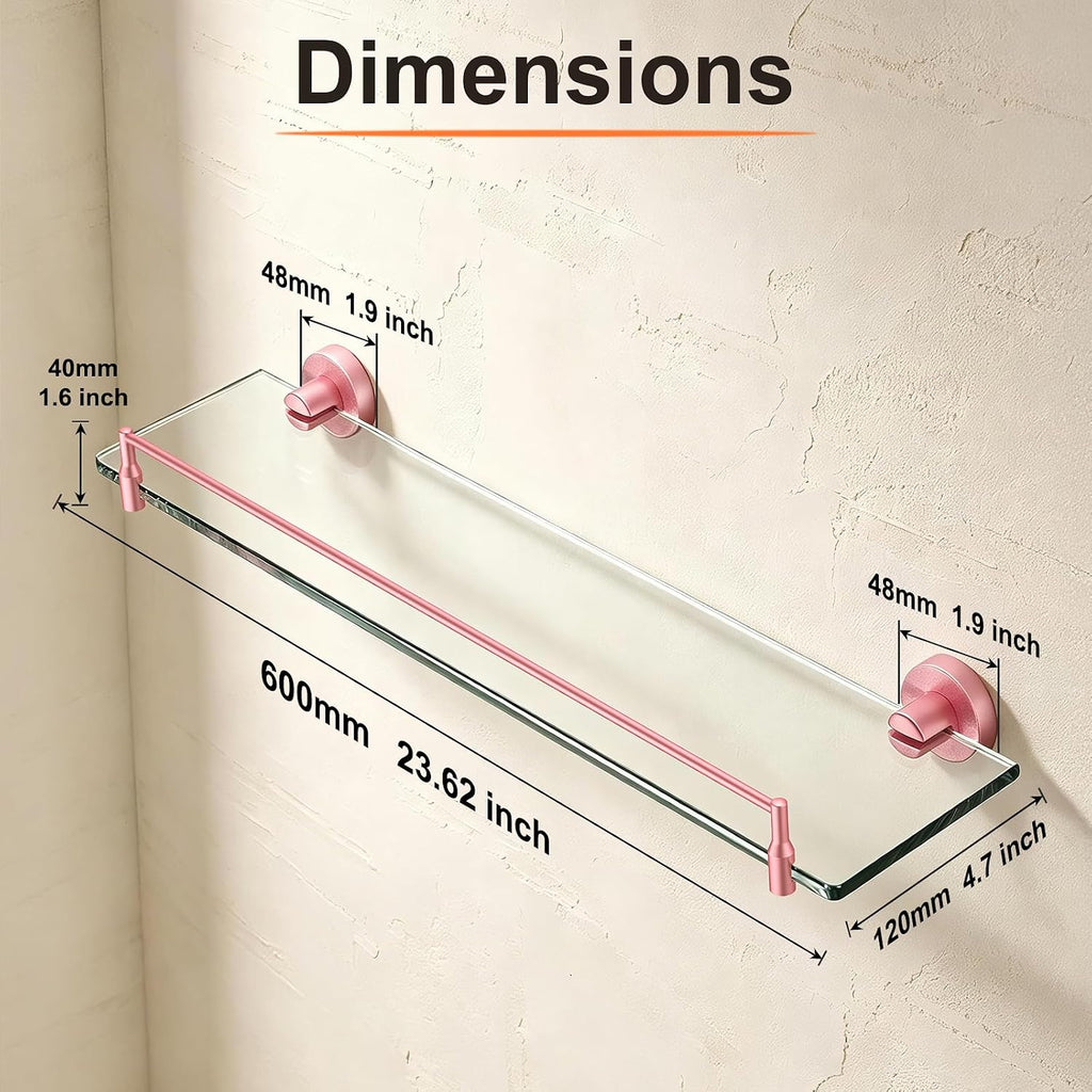 24 Inch Glass Bathroom Shelf,Pink Hanging Shelves for Wall