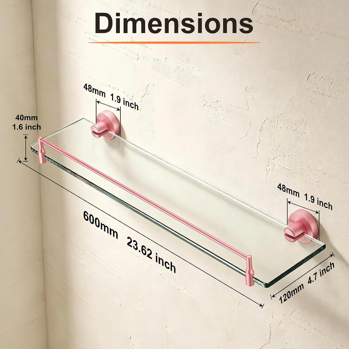 24 Inch Glass Bathroom Shelf,Pink Hanging Shelves for Wall
