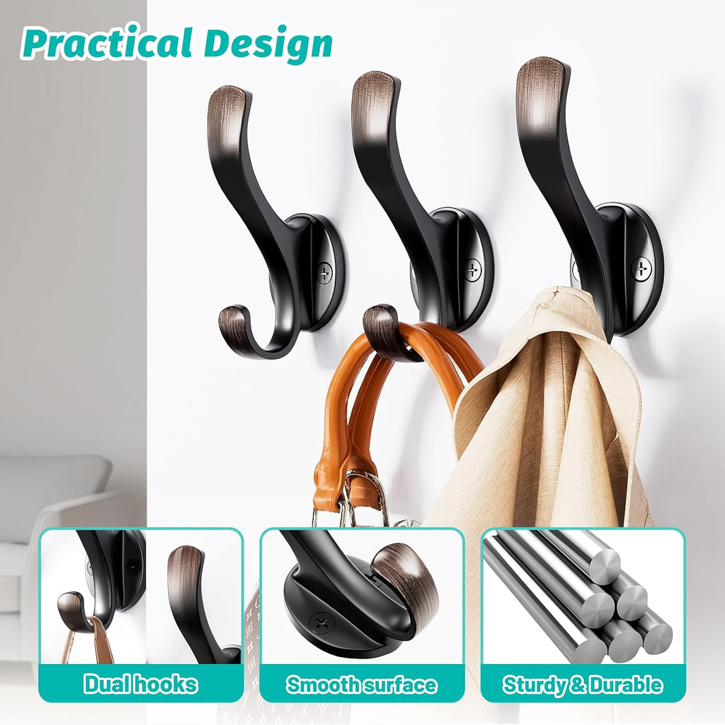 Heavy Duty Wall Hooks, Black, Metal Mounting Hardware, 6-Pack, Double Prong Design, Decorative Coat Hangers with Screws, Anchors (12, Vintage)