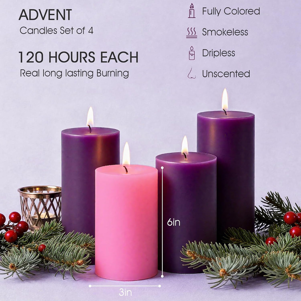 Advent Candle Set of 4, Unscented Pillar Candles 3" x 6" Hand-Poured, Advent Pillar Candle can Burn 120 Hours, Christmas Advent Candles for Advent Wreath