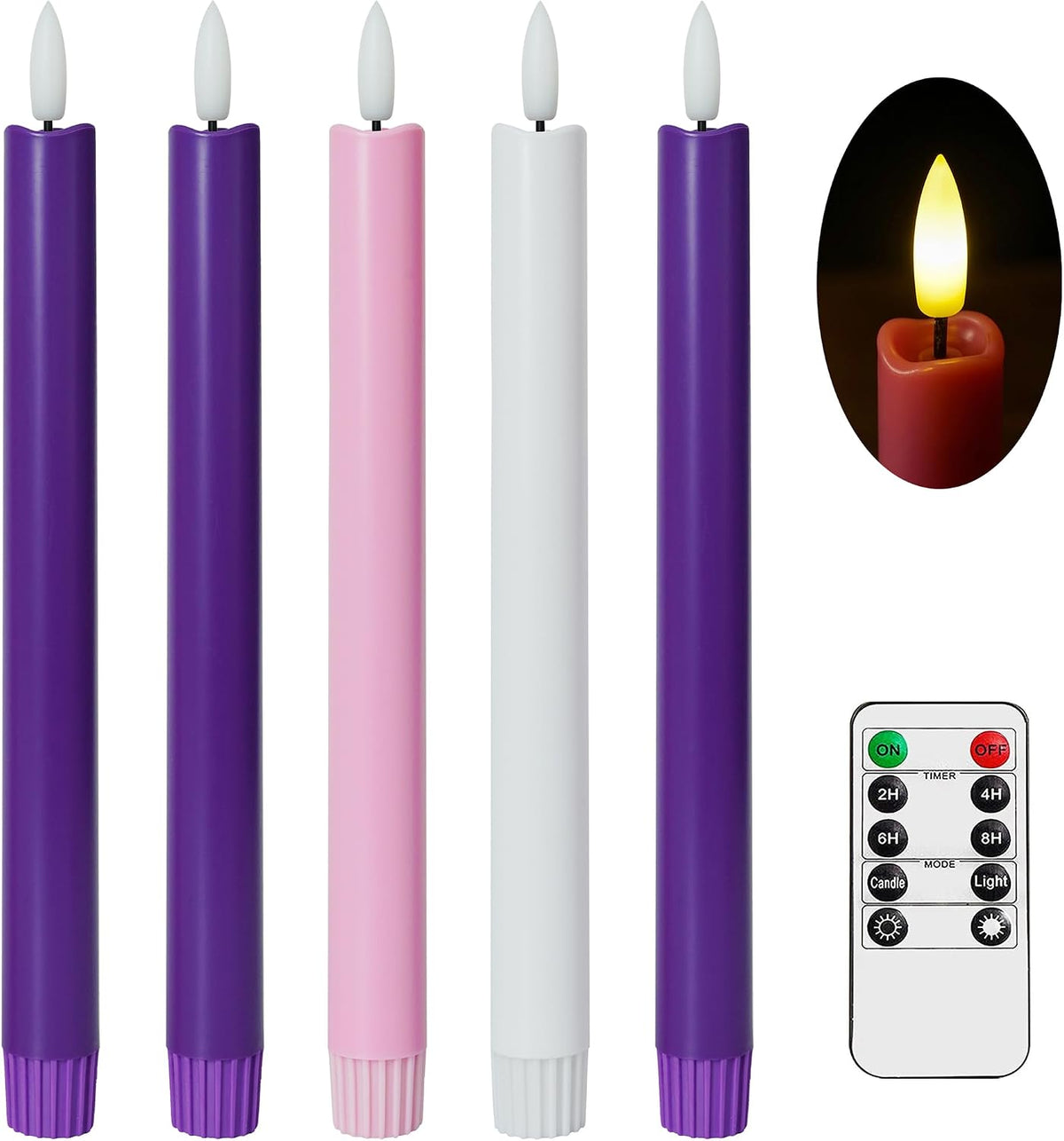 Stmarry Flameless Advent Candles, Set of 5 - Flickering LED Flame, 10 Inch Taper Candlesticks, Remote Controlled - 3 Purple, 1 Pink, 1 White for Christmas Wreath