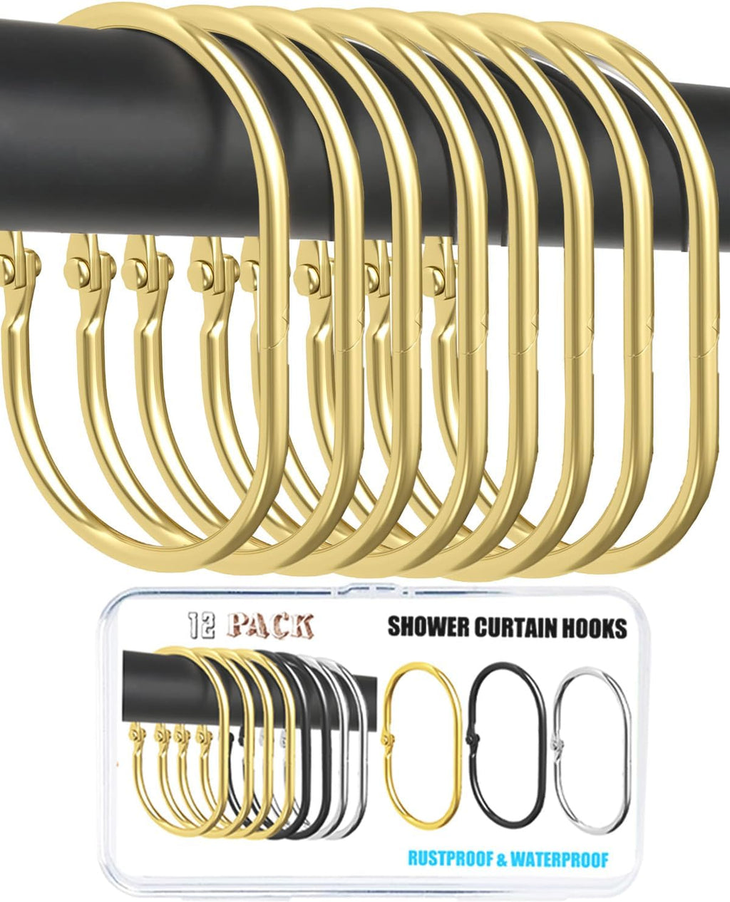 12 Pack Gold Shower Curtain Hooks,Gold Shower Curtain Rings,Brushed Nickel Shower Curtain Hooks Rust Proof, Metal Rust Proof Anti-Drop Smooth Shower Hooks for Shower Curtain (gold-12pack)
