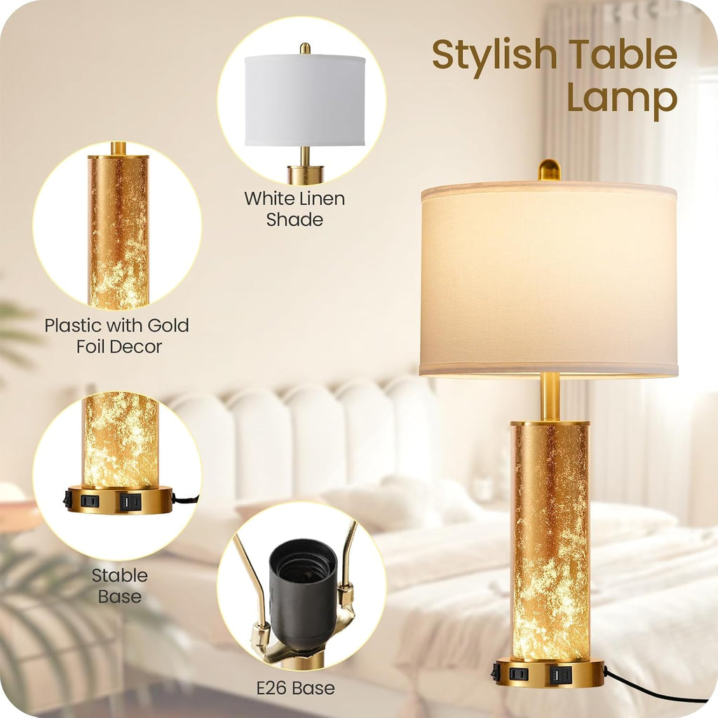 25.6" Gold Table Lamps Set of 2, Tall Bedside Lamps with Nightlight, Modern Nightstand Lamp with USB Ports, Desk Lamp for Bedroom, Living Room, Office, LED Bulbs Included W01TL05