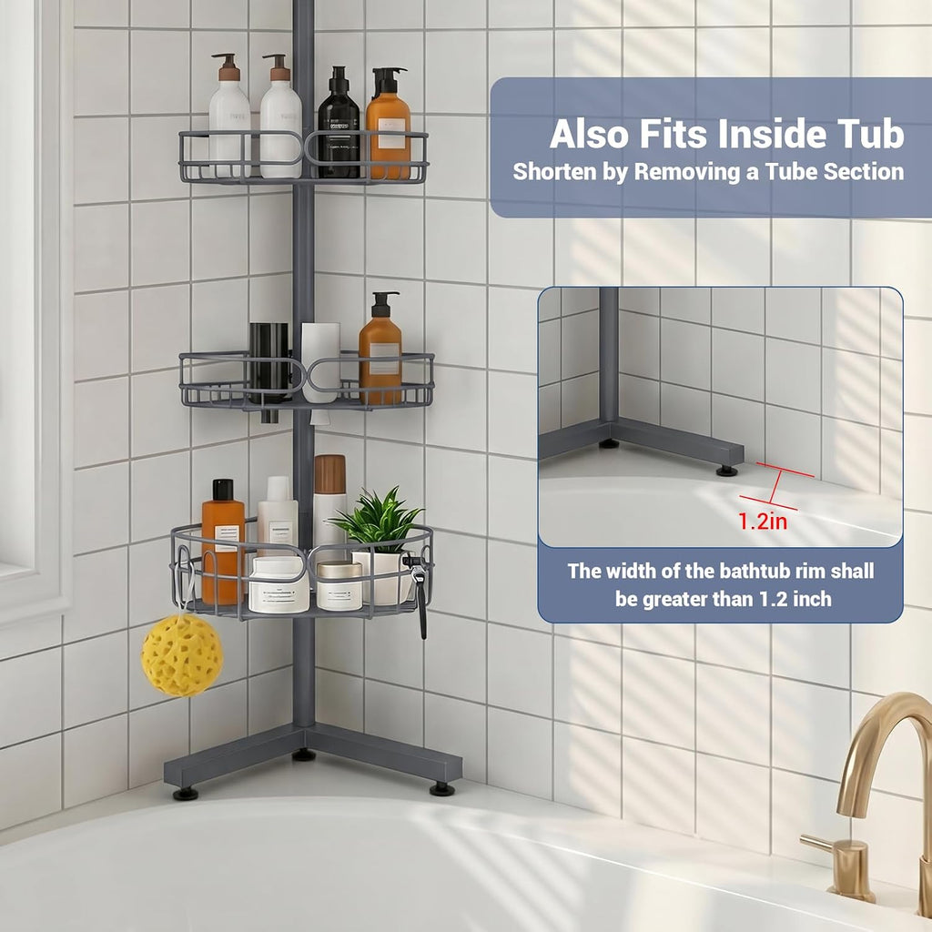 Standing Shower Caddy Corner, 4-Tier Adjustable Height Bathroom Organizer, 6-Section Pole, Sturdy Floor Standing Shelf for Shower – No Drilling, No Spring Tension (Gray)