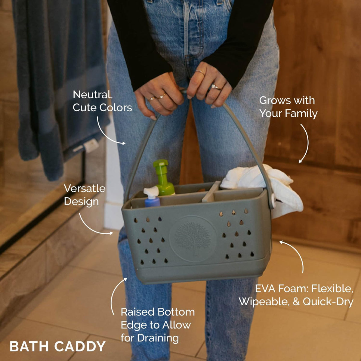 Parker Baby Bath Caddy | BPA Free & Food Grade Shower Caddy Organizer for Toys & Supplies | Quick-Dry, Sturdy & Perfect Size Shower Basket w/Handle in Neutral Colors