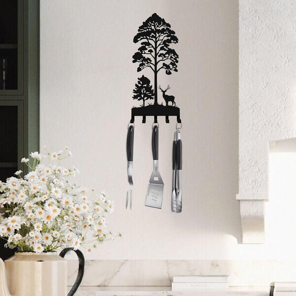 Key Holder for Wall, Metal Key Holder Hooks Organizer Rack, Key Organizer Wall Decorative with 5 Hooks for Entryway, Front Door, Hallway, Bedroom, Office (12 Inches, Deer, Tree)