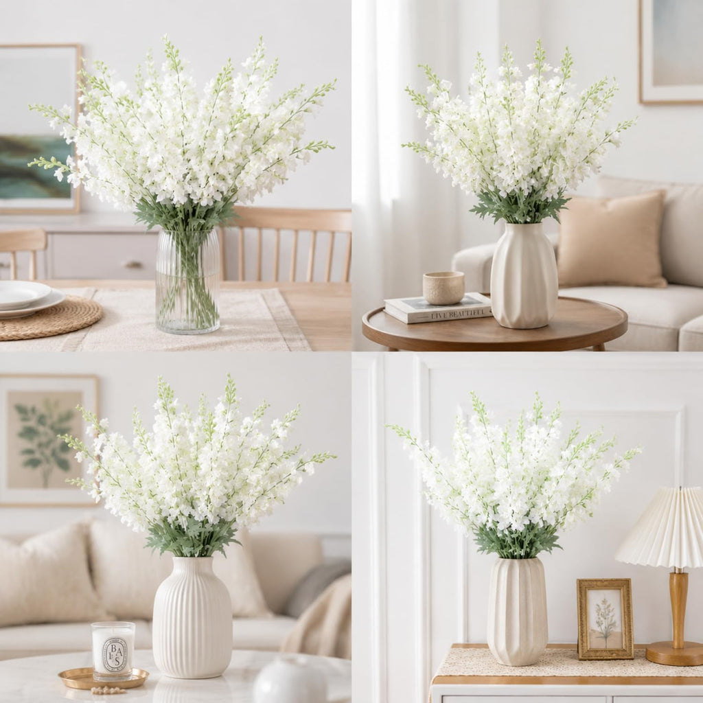 Thiccywoov 24 Pcs Blue, White Delphinium Artificial Flower Bulk, 34.25"