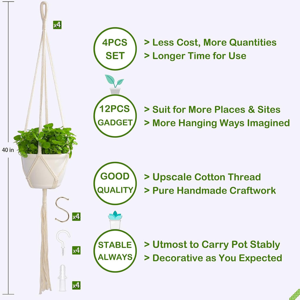 4 Pack Macrame Plant Hangers Indoor Set Large Crochet Hanging Holder, Ivory