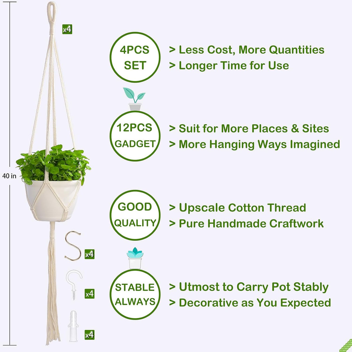 4 Pack Macrame Plant Hangers Indoor Set Large Crochet Hanging Holder, Ivory