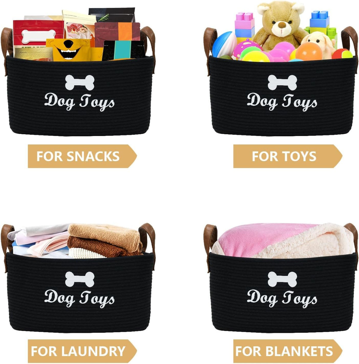 Large Dog Toy Basket, 100% Cotton Rope Dog Toy Storage Bin-Black