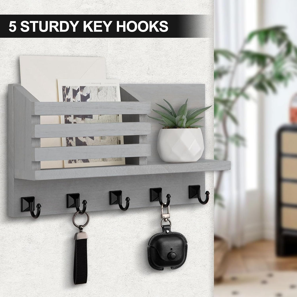 Key Holder Wall Mount, Mail Organizer for Wall with 5 Square Key Hooks