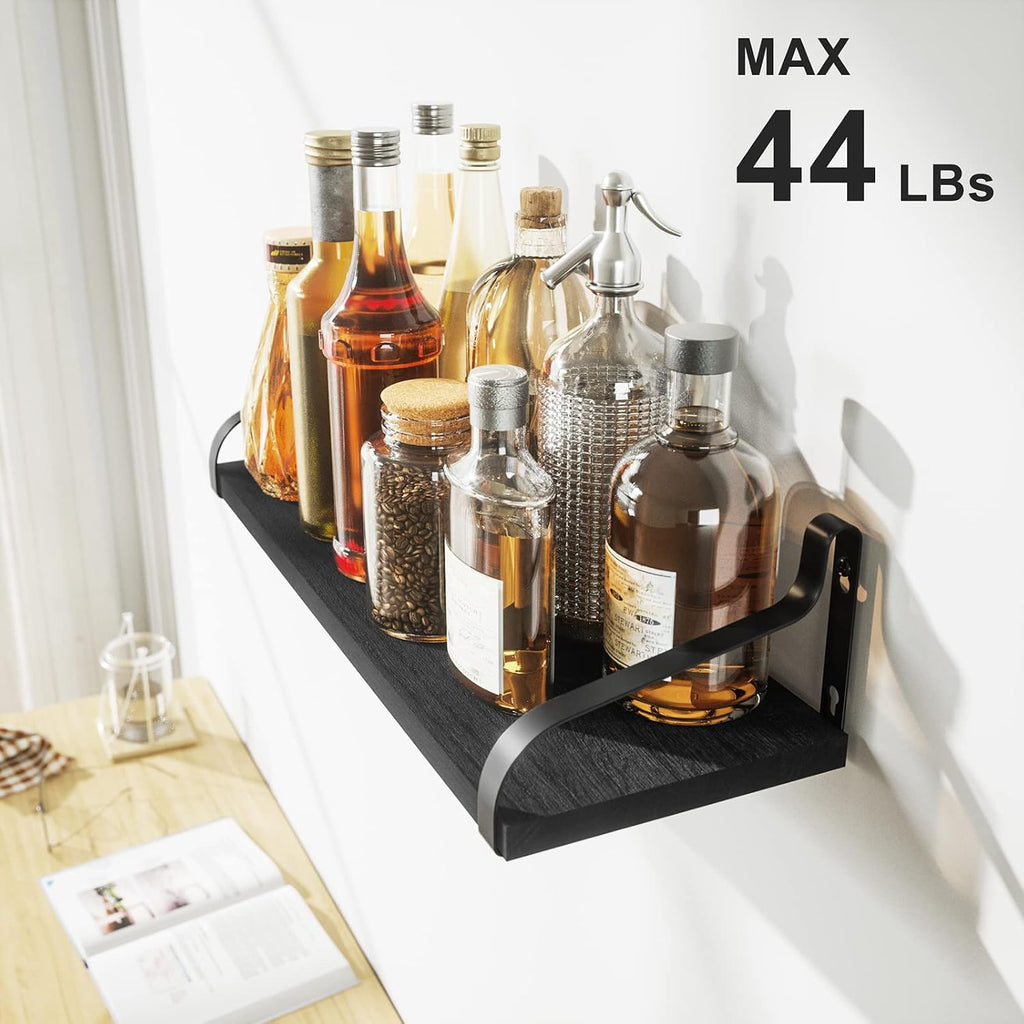 Love-KANKEI Large Black Floating Wall Shelves,Set of 3,Wood/Metal Bracket