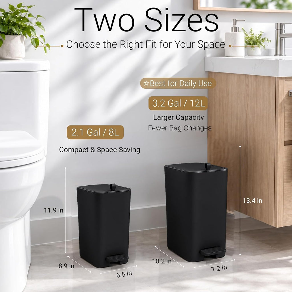 Small Bathroom Trash Can with Lid, Slim Garbage Can, 2.1 Gallon, Black